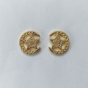 BRINCO FOLHEADO A OURO - BANHADO COM 5 MILÉSIMOS + VERNIZ DIAMOND - (CRIS) BRINCO DE PINO LUA E ESTRELA 12MM - OURO481