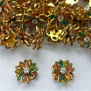 BRINCO NO BRUTO PRONTO PARA O BANHO - (AV) BRINCO DE PINO FLOR CRAVEJADA EM ZIRCÔNIAS COLORIDAS 13MM - PESO TOTAL 2,4GR - COMPOSIÇÃO: LATÃO / ZIRCÔNIA - BRU16123