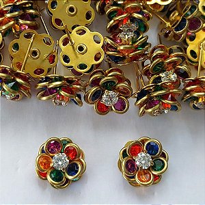 BRINCO NO BRUTO PRONTO PARA O BANHO - BRINCO DE PINO FLOR CRAVEJADA EM ZIRCÔNIAS COLORIDAS 12MM - PESO TOTAL 2,6GR - COMPOSIÇÃO: LATÃO / ZIRCÔNIA - BRU16126