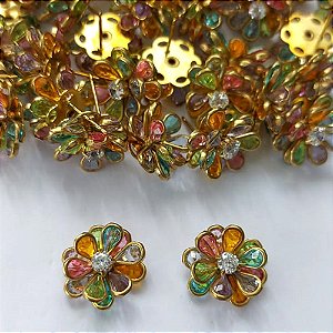 BRINCO NO BRUTO PRONTO PARA O BANHO - (AV) BRINCO DE PINO FLOR CRAVEJADA EM ZIRCÔNIAS COLORIDAS 15MM - PESO TOTAL 3,2GR - COMPOSIÇÃO: LATÃO / ZIRCÔNIA - BRU16129