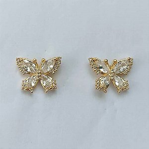 BRINCO DE PINO FOLHEADO A OURO(CX139) - BORBOLETA CRAVEJADA EM ZIRCÔNIAS 12X15MM - BIJU00032