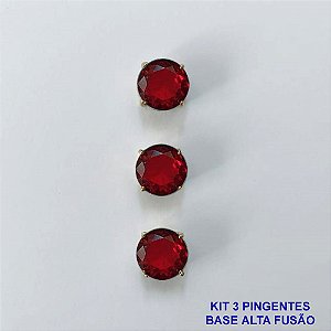 PINGENTE NO BRUTO PRONTO PARA O BANHO - KIT COM 3 PINGENTES COM BASES EM ALTA FUSÃO REDONDAS ZIRCÔNIAS VERMELHAS 10X10MM - PESO TOTAL 3,4GR - BRU16144