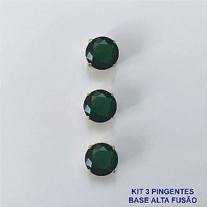 PINGENTE NO BRUTO PRONTO PARA O BANHO - KIT COM 3 PINGENTES COM BASES EM ALTA FUSÃO REDONDAS ZIRCÔNIAS VERDE ESCURA 10X10MM - PESO TOTAL 3,4GR - BRU16146