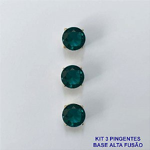 PINGENTE NO BRUTO PRONTO PARA O BANHO - KIT COM 3 PINGENTES COM BASES EM ALTA FUSÃO REDONDAS ZIRCÔNIAS VERDE 10X10MM - PESO TOTAL 3,4GR - BRU16149
