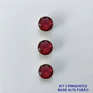PINGENTE NO BRUTO PRONTO PARA O BANHO - KIT COM 3 PINGENTES COM BASES EM ALTA FUSÃO REDONDAS ZIRCÔNIAS VERMELHAS 10X10MM - PESO TOTAL 3,4GR - BRU16152
