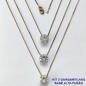 GARGANTILHA NO BRUTO PRONTA PARA O BANHO - KIT COM 3 GARGANTILHAS COM CORRENTES VENEZIANAS 45CM COM BASES EM ALTA FUSÃO E PINGENTES EM ZIRCÔNIAS REDONDAS CRISTAIS 10X10CM - PESO TOTAL 9,1GR - BRU16155