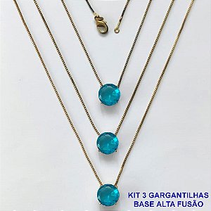GARGANTILHA NO BRUTO PRONTA PARA O BANHO - KIT COM 3 GARGANTILHAS COM CORRENTES VENEZIANAS 45CM COM BASES EM ALTA FUSÃO E PINGENTES EM ZIRCÔNIAS REDONDAS AZUIS 10X10CM - PESO TOTAL 9,1GR - BRU16156