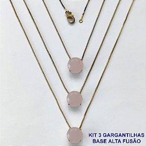 GARGANTILHA NO BRUTO PRONTA PARA O BANHO - KIT COM 3 GARGANTILHAS COM CORRENTES VENEZIANAS 45CM COM BASES EM ALTA FUSÃO E PINGENTES EM ZIRCÔNIAS REDONDAS ROSAS LEITOSAS 10X10CM - PESO TOTAL 9,1GR - BRU16157