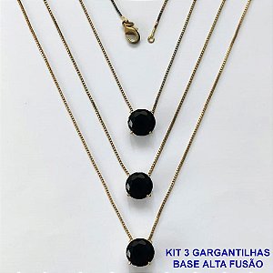 GARGANTILHA NO BRUTO PRONTA PARA O BANHO - KIT COM 3 GARGANTILHAS COM CORRENTES VENEZIANAS 45CM COM BASES EM ALTA FUSÃO E PINGENTES EM ZIRCÔNIAS REDONDAS PRETAS 10X10CM - PESO TOTAL 9,1GR - BRU16158