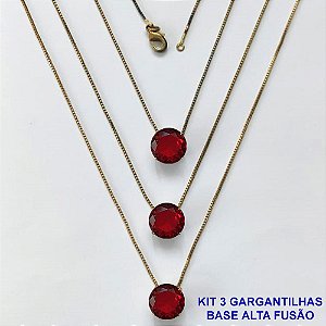 GARGANTILHA NO BRUTO PRONTA PARA O BANHO - KIT COM 3 GARGANTILHAS COM CORRENTES VENEZIANAS 45CM COM BASES EM ALTA FUSÃO E PINGENTES EM ZIRCÔNIAS REDONDAS VERMELHAS 10X10CM - PESO TOTAL 9,1GR - BRU16159