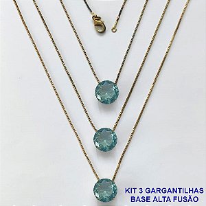 GARGANTILHA NO BRUTO PRONTA PARA O BANHO - KIT COM 3 GARGANTILHAS COM CORRENTES VENEZIANAS 45CM COM BASES EM ALTA FUSÃO E PINGENTES EM ZIRCÔNIAS REDONDAS AZUIS CLARAS 10X10CM - PESO TOTAL 9,1GR - BRU16160