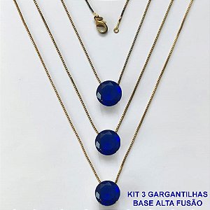 GARGANTILHA NO BRUTO PRONTA PARA O BANHO - KIT COM 3 GARGANTILHAS COM CORRENTES VENEZIANAS 45CM COM BASES EM ALTA FUSÃO E PINGENTES EM ZIRCÔNIAS REDONDAS AZUIS ESCURAS 10X10CM - PESO TOTAL 9,1GR - BRU16161