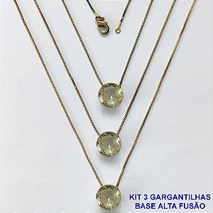 GARGANTILHA NO BRUTO PRONTA PARA O BANHO - KIT COM 3 GARGANTILHAS COM CORRENTES VENEZIANAS 45CM COM BASES EM ALTA FUSÃO E PINGENTES EM ZIRCÔNIAS REDONDAS AMARELAS 10X10CM - PESO TOTAL 9,1GR - BRU16162