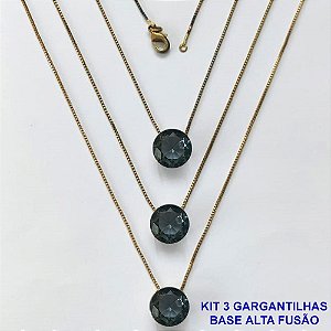 GARGANTILHA NO BRUTO PRONTA PARA O BANHO - KIT COM 3 GARGANTILHAS COM CORRENTES VENEZIANAS 45CM COM BASES EM ALTA FUSÃO E PINGENTES EM ZIRCÔNIAS REDONDAS FUMÊ 10X10CM - PESO TOTAL 9,1GR - BRU16163