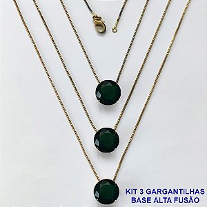 GARGANTILHA NO BRUTO PRONTA PARA O BANHO - KIT COM 3 GARGANTILHAS COM CORRENTES VENEZIANAS 45CM COM BASES EM ALTA FUSÃO E PINGENTES EM ZIRCÔNIAS REDONDAS VERDE ESCURA 10X10CM - PESO TOTAL 9,1GR - BRU16165