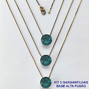 GARGANTILHA NO BRUTO PRONTA PARA O BANHO - KIT COM 3 GARGANTILHAS COM CORRENTES VENEZIANAS 45CM COM BASES EM ALTA FUSÃO E PINGENTES EM ZIRCÔNIAS REDONDAS AZUL 10X10CM - PESO TOTAL 9,1GR - BRU16166