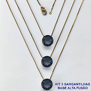 GARGANTILHA NO BRUTO PRONTA PARA O BANHO - KIT COM 3 GARGANTILHAS COM CORRENTES VENEZIANAS 45CM COM BASES EM ALTA FUSÃO E PINGENTES EM ZIRCÔNIAS REDONDAS LILÁS 10X10CM - PESO TOTAL 9,1GR - BRU16167