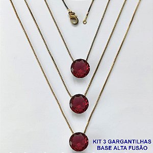 GARGANTILHA NO BRUTO PRONTA PARA O BANHO - KIT COM 3 GARGANTILHAS COM CORRENTES VENEZIANAS 45CM COM BASES EM ALTA FUSÃO E PINGENTES EM ZIRCÔNIAS REDONDAS VERMELHA 10X10CM - PESO TOTAL 9,1GR - BRU16168