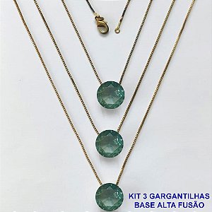 GARGANTILHA NO BRUTO PRONTA PARA O BANHO - KIT COM 3 GARGANTILHAS COM CORRENTES VENEZIANAS 45CM COM BASES EM ALTA FUSÃO E PINGENTES EM ZIRCÔNIAS REDONDAS VERDE CLARA 10X10CM - PESO TOTAL 9,1GR - BRU16169