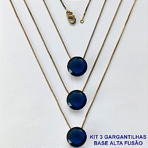GARGANTILHA NO BRUTO PRONTA PARA O BANHO - KIT COM 3 GARGANTILHAS COM CORRENTES VENEZIANAS 45CM COM BASES EM ALTA FUSÃO E PINGENTES EM ZIRCÔNIAS REDONDAS AZUL ESCURA 10X10CM - PESO TOTAL 9,1GR - BRU16170