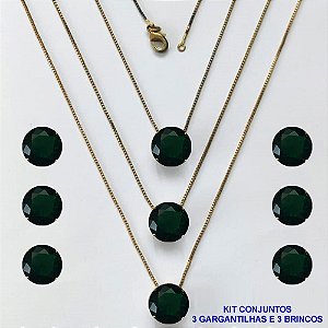 CONJUNTO NO BRUTO PRONTO PARA O BANHO - KIT COM 3 GARGANTILHAS COM CORRENTES VENEZIANAS 45CM E 3 PARES DE BRINCOS COM BASES EM ALTA FUSÃO E PINGENTES EM ZIRCÔNIAS REDONDAS VERDE ESCURA 10X10CM - PESO TOTAL 13,3GR - BRU16171