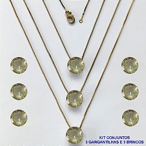 CONJUNTO NO BRUTO PRONTO PARA O BANHO - KIT COM 3 GARGANTILHAS COM CORRENTES VENEZIANAS 45CM E 3 PARES DE BRINCOS COM BASES EM ALTA FUSÃO E PINGENTES EM ZIRCÔNIAS REDONDAS AMARELA 10X10CM - PESO TOTAL 13,3GR - BRU16173