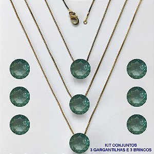 CONJUNTO NO BRUTO PRONTO PARA O BANHO - KIT COM 3 GARGANTILHAS COM CORRENTES VENEZIANAS 45CM E 3 PARES DE BRINCOS COM BASES EM ALTA FUSÃO E PINGENTES EM ZIRCÔNIAS REDONDAS VERDE CLARA 10X10CM - PESO TOTAL 13,3GR - BRU16175