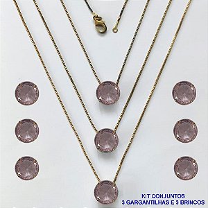 CONJUNTO NO BRUTO PRONTO PARA O BANHO - KIT COM 3 GARGANTILHAS COM CORRENTES VENEZIANAS 45CM E 3 PARES DE BRINCOS COM BASES EM ALTA FUSÃO E PINGENTES EM ZIRCÔNIAS REDONDAS ROSA 10X10CM - PESO TOTAL 13,3GR - BRU16176