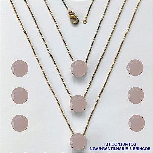 CONJUNTO NO BRUTO PRONTO PARA O BANHO - KIT COM 3 GARGANTILHAS COM CORRENTES VENEZIANAS 45CM E 3 PARES DE BRINCOS COM BASES EM ALTA FUSÃO E PINGENTES EM ZIRCÔNIAS REDONDAS ROSA LEITOSA 10X10CM - PESO TOTAL 13,3GR - BRU16181