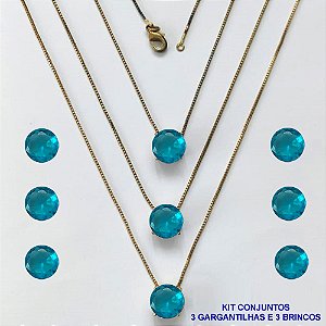 CONJUNTO NO BRUTO PRONTO PARA O BANHO - KIT COM 3 GARGANTILHAS COM CORRENTES VENEZIANAS 45CM E 3 PARES DE BRINCOS COM BASES EM ALTA FUSÃO E PINGENTES EM ZIRCÔNIAS REDONDAS AZUL 10X10CM - PESO TOTAL 13,3GR - BRU16182
