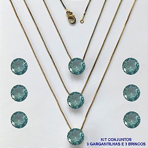 CONJUNTO NO BRUTO PRONTO PARA O BANHO - KIT COM 3 GARGANTILHAS COM CORRENTES VENEZIANAS 45CM E 3 PARES DE BRINCOS COM BASES EM ALTA FUSÃO E PINGENTES EM ZIRCÔNIAS REDONDAS AZUL CLARA 10X10CM - PESO TOTAL 13,3GR - BRU16184