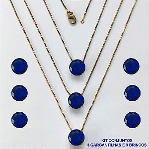 CONJUNTO NO BRUTO PRONTO PARA O BANHO - KIT COM 3 GARGANTILHAS COM CORRENTES VENEZIANAS 45CM E 3 PARES DE BRINCOS COM BASES EM ALTA FUSÃO E PINGENTES EM ZIRCÔNIAS REDONDAS AZUL 10X10CM - PESO TOTAL 13,3GR - BRU16185