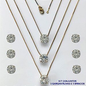 CONJUNTO NO BRUTO PRONTO PARA O BANHO - KIT COM 3 GARGANTILHAS COM CORRENTES VENEZIANAS 45CM E 3 PARES DE BRINCOS COM BASES EM ALTA FUSÃO E PINGENTES EM ZIRCÔNIAS REDONDAS CRISTAL 10X10CM - PESO TOTAL 13,3GR - BRU16186