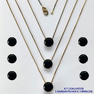 CONJUNTO NO BRUTO PRONTO PARA O BANHO - KIT COM 3 GARGANTILHAS COM CORRENTES VENEZIANAS 45CM E 3 PARES DE BRINCOS COM BASES EM ALTA FUSÃO E PINGENTES EM ZIRCÔNIAS REDONDAS PRETA 10X10CM - PESO TOTAL 13,3GR - BRU16187