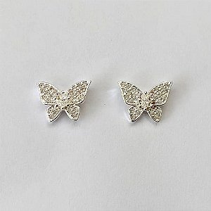 BRINCO FOLHEADO A PRATA COM 50 MILÉSIMOS + VERNIZ DIAMOND - BRINCO DE PINO BORBOLETA COM ZIRCÔNIAS 8MM - PRA619