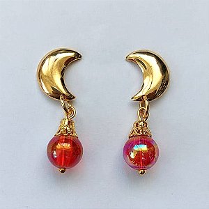 BRINCO FOLHEADO A OURO - BANHADO COM 5 MILÉSIMOS + VERNIZ DIAMOND - BRINCO DE PINO COM BASE LUA E PINGENTE PEDRA IMPORTADA FURTA COR 10MM - OURO504