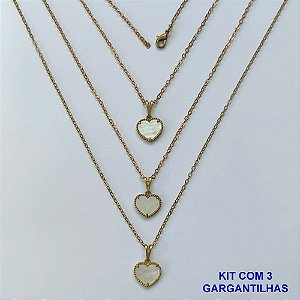 GARGANTILHA NO BRUTO PRONTA PARA O BANHO - KIT COM 3 CORRENTES CADEADOS 45CM E PINGENTES CORAÇÃO EM RESINA MADRE PÉROLA 10MM - PESO TOTAL 5,4GR - BRU16188