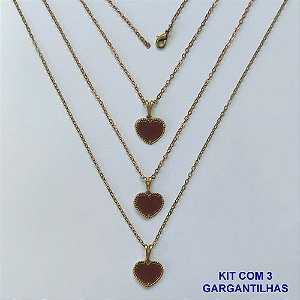GARGANTILHA NO BRUTO PRONTA PARA O BANHO - KIT COM 3 CORRENTES CADEADOS 45CM E PINGENTES CORAÇÃO EM RESINA MARROM 10MM - PESO TOTAL 5,4GR - BRU16189
