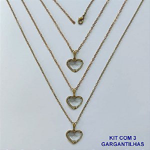 GARGANTILHA NO BRUTO PRONTA PARA O BANHO - KIT COM 3 CORRENTES CADEADOS 45CM E PINGENTES CORAÇÃO EM VIDRO CRISTAL 10MM - PESO TOTAL 6,1GR - BRU16191