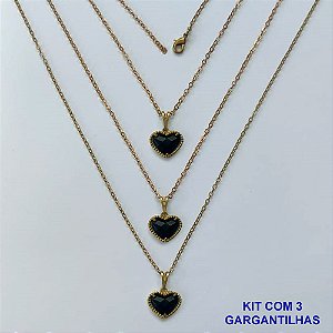 GARGANTILHA NO BRUTO PRONTA PARA O BANHO - KIT COM 3 CORRENTES CADEADOS 45CM E PINGENTES CORAÇÃO EM VIDRO PRETO 10MM - PESO TOTAL 6,1GR - BRU16193