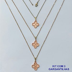 GARGANTILHA NO BRUTO PRONTA PARA O BANHO - KIT COM 3 CORRENTES CADEADOS 45CM E PINGENTES TIPO VAN CLEEF 15MM - PESO TOTAL 7,3GR - BRU16195