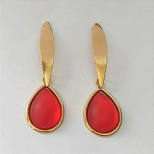 BRINCO FOLHEADO A OURO - BANHADO COM 5 MILÉSIMOS + VERNIZ DIAMOND - BRINCO DE PINO BASE COMPRIDA E PINGENTE PEDRA BRILHO DA LUA 12X18MM - OURO530