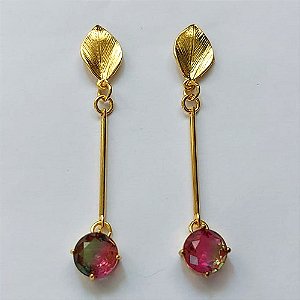 BRINCO FOLHEADO A OURO - BANHADO COM 5 MILÉSIMOS + VERNIZ DIAMOND - BRINCO DE PINO BASE FOLHE E PINGENTE EM ZIRCÔNIA REDONDA FUSION 10MM - OURO533