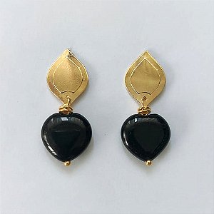 BRINCO FOLHEADO A OURO - BANHADO COM 5 MILÉSIMOS + VERNIZ DIAMOND - BRINCO DE PINO BASE FOLHA E PINGENTE EM PEDRA NATURAL 16MM - OURO545