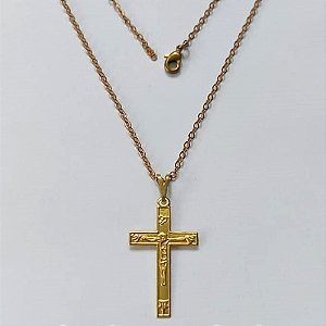 GARGANTILHA NO BRUTO PRONTA PARA O BANHO - (00059) GARGANTILHA COM CORRENTE CADEADO COM PINGENTE CRUCIFIXO 28MM - PESO: 1,7GR - COMPOSIÇÃO: 100% LATÃO - BRU16197