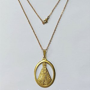 GARGANTILHA NO BRUTO PRONTA PARA O BANHO - (583) GARGANTILHA COM CORRENTE CADEADO COM PINGENTE MEDALHA NOSSA SRA APARECIDA 31MM - PESO: 2,9GR - COMPOSIÇÃO: 100% LATÃO - BRU16200