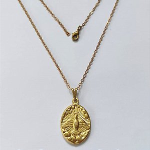 GARGANTILHA NO BRUTO PRONTA PARA O BANHO - (E1775) GARGANTILHA COM CORRENTE CADEADO COM PINGENTE OVAL ESPÍRITO SANTO 23MM - PESO: 3,1R - COMPOSIÇÃO: 100% LATÃO - BRU16203