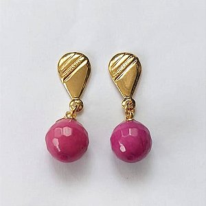 BRINCO FOLHEADO A OURO - BANHADO COM 5 MILÉSIMOS + VERNIZ DIAMOND - BRINCO DE PINO BASE GOTA COM PINGENTE EM PEDRA ÁGATA 10MM - OURO577