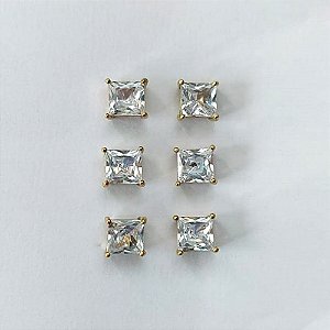 BRINCO NO BRUTO PRONTO PARA O BANHO - KIT COM 3 BRINCOS DE PINO COM BASE EM ALTA FUSÃO COM ZIRCÔNIA CRISTAL QUADRADA 6X6MM - PESO TOTAL 3,5GR - BRU16301