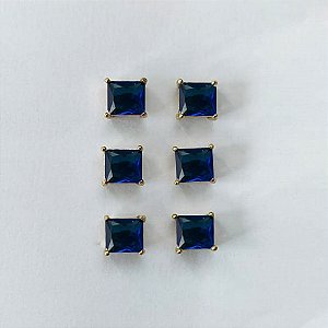 BRINCO NO BRUTO PRONTO PARA O BANHO - KIT COM 3 BRINCOS DE PINO COM BASE EM ALTA FUSÃO COM ZIRCÔNIA AZUL ESCURA QUADRADA 6X6MM - PESO TOTAL 3,5GR - BRU16303